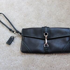 Coach Black Leather Wristlet with Silver Hardware